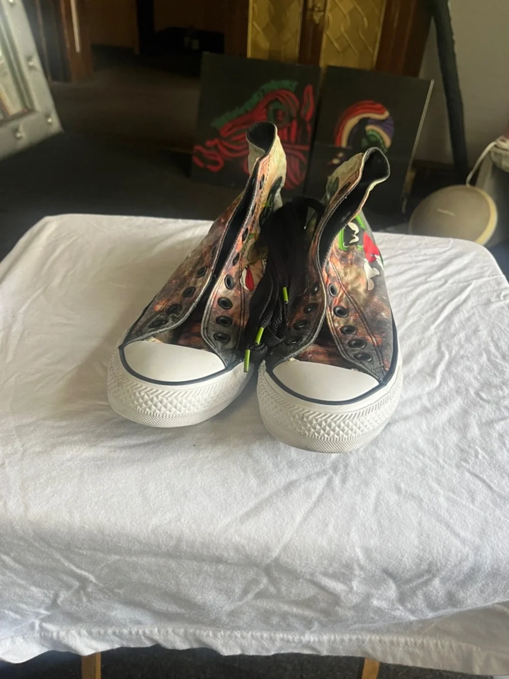 Converse High Top Sneakers Green Black White with Multicolor Graphic - Picture 3 of 4